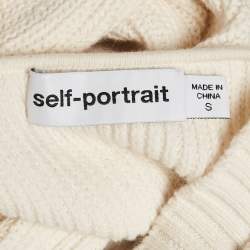 Pre Owned Self-Portrait Ivory Rib Knit Lace Trim Puff Sleeve Midi Dress S