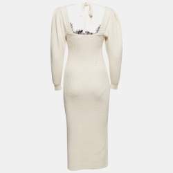 Pre Owned Self-Portrait Ivory Rib Knit Lace Trim Puff Sleeve Midi Dress S