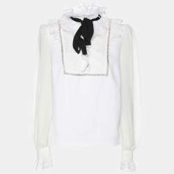Self-Portrait White Stretch Crepe Tie Neck Top XS