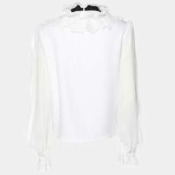 Self-Portrait White Stretch Crepe Tie Neck Top XS
