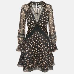 Self-Portrait Black Floral Printed Chiffon & Lace Mini Dress S