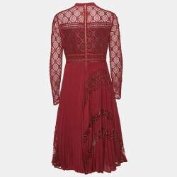 Self-Portrait Burgundy Lace Paneled Plisse Midi Dress L