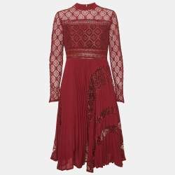 Self-Portrait Burgundy Lace Paneled Plisse Midi Dress L