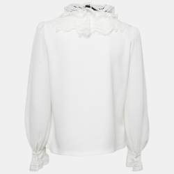 Pre Owned Self-Portrait White Crepe Frilled Collar Pussy Bow Detail Blouse S
