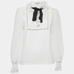 Pre Owned Self-Portrait White Crepe Frilled Collar Pussy Bow Detail Blouse S