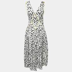 Pre Owned Self-Portrait White Animal Printed Satin Contrast Detail Midi Dress S