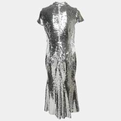 Self-Portrait Silver Sequin Twist Neck Detail Midi Dress M