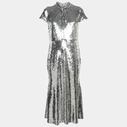 Self-Portrait Silver Sequin Twist Neck Detail Midi Dress M