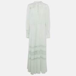 Self-Portrait Green Plisse Crepe Lace Trimmed Maxi Dress M