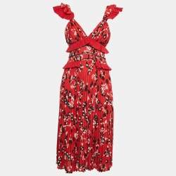 Self-Portrait Red Floral Print Plisse Ruffled Midi Dress S
