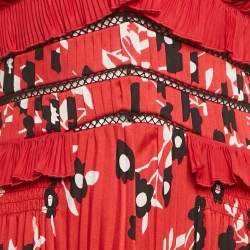 Pre Owned Self-Portrait Red Floral Print Plisse Ruffled Midi Dress S