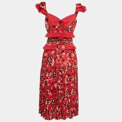 Pre Owned Self-Portrait Red Floral Print Plisse Ruffled Midi Dress S