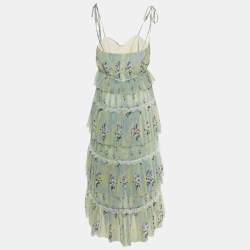 Self-Portrait Green Printed Chiffon Tiered Midi Dress S