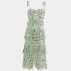 Self-Portrait Green Printed Chiffon Tiered Midi Dress S