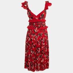 Self-Portrait Red Floral Print Crepe Ruffled Midi Dress S