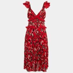 Self-Portrait Red Floral Print Crepe Ruffled Midi Dress S