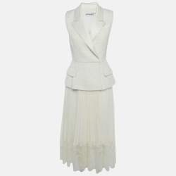 Pre Owned Self-Portrait Off White Tweed & Plisse Blazer Wrap Over Midi Dress S