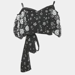 Self-Portrait Black Deco Sequin Mesh Puff Sleeve Top S