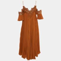 Self-Portrait Ochre Plisse Lace Trim Cold Shoulder Long Dress S