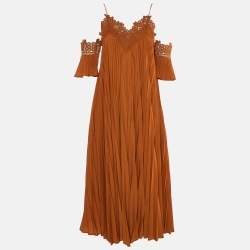 Self-Portrait Ochre Plisse Lace Trim Cold Shoulder Long Dress S