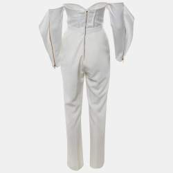 Pre Owned Self-Portrait White Satin & Crepe Off-The-Shoulder Jumpsuit M