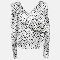 Self-Portrait Monochrome Printed Satin Ruffled Blouse M