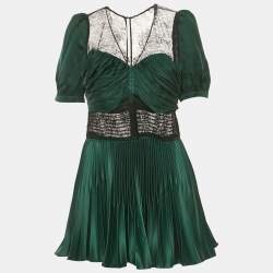 Pre Owned Self-Portrait Green Sateen Plisse Lace Detail Mini Dress M