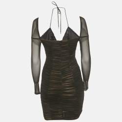 Pre Owned Self-Portrait Black Mesh Embellished Detail Ruched Mini Dress S