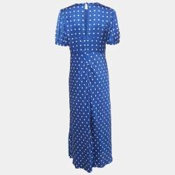 Pre Owned فستان طويل سيلف بورتريت أزرق بنقاط بولكا ساتان بأكمام منتفخة مقاس متوسط - ميديوم