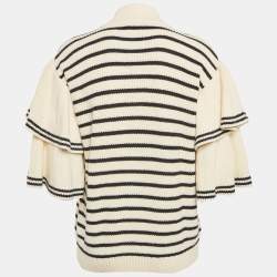Pre Owned Self-Portrait Cream/Black Striped Rib Knit Lace-Up Neck Sweater L