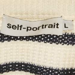 Pre Owned Self-Portrait Cream/Black Striped Rib Knit Lace-Up Neck Sweater L