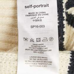 Pre Owned Self-Portrait Cream/Black Striped Rib Knit Lace-Up Neck Sweater L