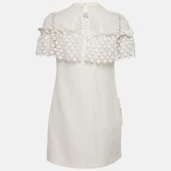 Pre Owned Self-Portrait White Knit Lace Trimmed Mini Shift Dress S