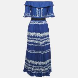 Pre Owned Self-Portrait Blue Floral Print Satin Plisse Off-Shoulder Maxi Dress S