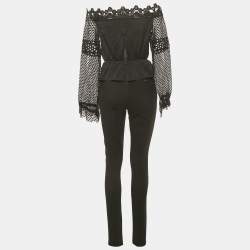 Pre Owned Self-Portrait Black Lace Trim Crepe Jumpsuit S