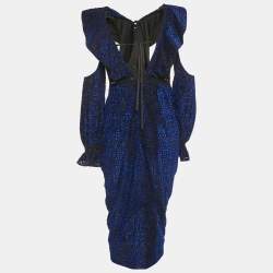 Pre Owned Self-Portrait Black & Blue Fil Coupe Jersey Cold Shoulder Midi Dress M