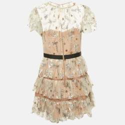 Pre Owned Self-Portrait Beige Star Embroidered Tulle Tiered Mini Dress L 