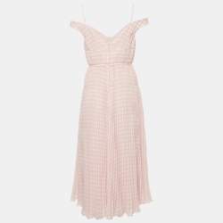 Pre Owned Self-Portrait Pink Gingham Print Chiffon Pleated Midi Dress M