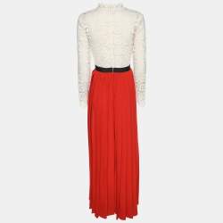 Pre Owned Self-Portrait White/Red Floral Lace and Pleated Crepe Maxi Dress S