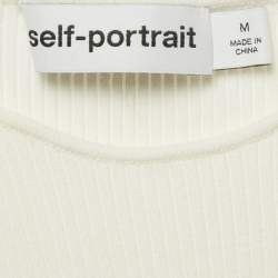 Pre Owned Self-Portrait White Rib Knit Inserted Lace Mini Dress M