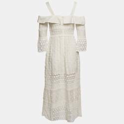 Pre Owned Self-Portrait White Lace Insert Cotton Midi Dress Dress M