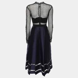 Pre Owned Self-Portrait Indigo Blue Satin and Lace Long Sleeve Pleated Midi Dress S