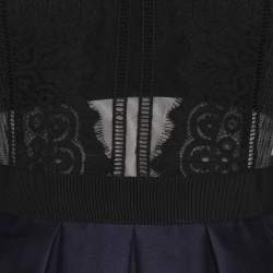 Pre Owned Self-Portrait Indigo Blue Satin and Lace Long Sleeve Pleated Midi Dress S