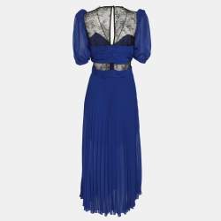 Pre Owned Self-Portrait Blue/Black Chiffon and Lace Paneled Sweetheart Neckline Midi Dress M