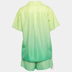 Pre Owned Self-Portrait Neon Green Rhinestone Embellished Taffeta Shirt &Shorts Set S/L