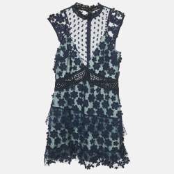 Pre Owned Self-Portrait Navy Blue Floral Applique Lace Sleeveless Mini Dress M