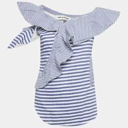 Pre Owned Self-Portrait Blue Striped Cotton Asymmetric Top M