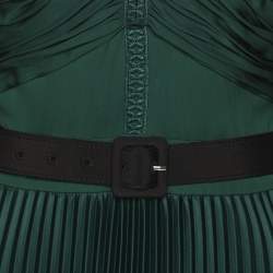 Pre Owned Self-Portrait Green/Black Satin and Lace Pleated Belted Midi Dress S