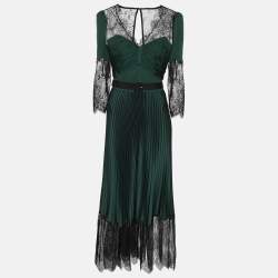 Pre Owned Self-Portrait Green/Black Satin and Lace Pleated Belted Midi Dress S