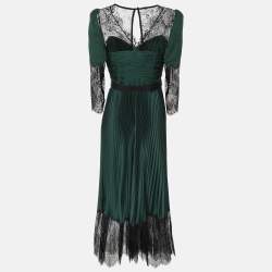 Pre Owned Self-Portrait Green/Black Satin and Lace Pleated Belted Midi Dress S